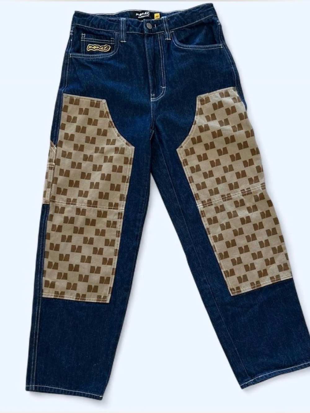 Monet Men's Dark Blue Denim Jeans with Brown Patch Panels